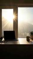 Laptop on desk by bright sunlit windows with coffee mug and plant, morning workspace with golden light rays streaming through glass, suitable for business and productivity concepts.