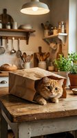 Ginger tabby cat peeking from brown paper bag on wooden kitchen table with pendant lamp, shelves, cooking utensils, and potted plant in warm home interior setting.