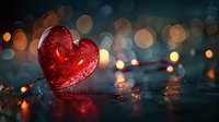 Red glittering heart on wet reflective surface with blurred bokeh lights creating romantic atmosphere. Suitable for Valentine's Day cards and love-themed designs.