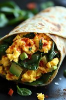 Fresh breakfast wrap filled with scrambled eggs, baby spinach, and diced avocado on charred tortilla, garnished with chili flakes and herbs for morning menu.