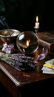 Mystical fortune telling setup with crystal ball, tarot cards, amethyst crystals, lavender herbs, burning candle and incense on wooden table for divination.
