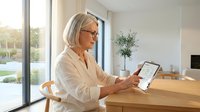 Senior Caucasian woman with glasses using tablet computer at modern kitchen counter, smiling while browsing digital content in bright contemporary home interior.