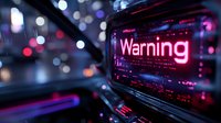 Glowing red warning text displayed on digital screen with bokeh lights background creates dramatic cybersecurity or alert concept for technology designs.