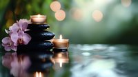 Zen spa stones with burning candles and orchid flowers creating peaceful meditation atmosphere with soft bokeh lights for wellness and relaxation therapy.