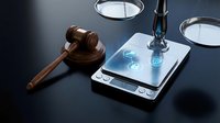 Digital scale with wooden gavel and magnifying glass for legal weight measurement and evidence analysis in courtroom or forensic investigation setting.