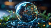 Digital globe with glowing network connections showing Africa and Europe, surrounded by bokeh lights and green foliage in futuristic environment.