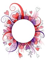 Romantic floral frame with hearts and swirls in pink and purple watercolor style. White circle space for text or logo on transparent background.