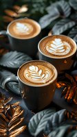 Three gray ceramic cups filled with creamy latte featuring artistic leaf pattern foam art, surrounded by tropical leaves and golden accents in moody lighting.