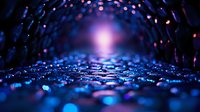 Mystical blue glowing tunnel with bokeh lights and water droplets creating magical atmosphere, dark background with bright center point for spiritual concepts.