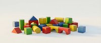 Colorful wooden building blocks in various geometric shapes arranged on white surface for educational play and child development activities.