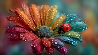 Vibrant multicolored daisy flower with water droplets and small ladybug resting on petal. Macro photography with soft bokeh background.