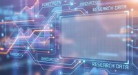 Digital technology interface with glowing data analytics dashboard showing forecasts and research information for business intelligence applications.