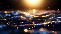 Abstract golden waves with glowing particles and bokeh lights on dark background create magical atmosphere for luxury design projects.