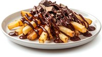 French fries topped with melted dark chocolate sauce and chocolate shavings served on white ceramic plate, gourmet dessert fusion cuisine creation.