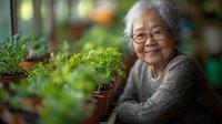 Senior Asian woman gardening with potted plants in greenhouse, wearing glasses and sweater, smiling while tending to green seedlings and herbs indoors.