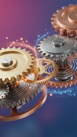 Metallic gears and cogs mechanism with glowing particles on purple blue gradient background for technology and engineering concepts.