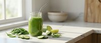 Fresh green smoothie in mason jar with spinach leaves and lime slices on white kitchen counter. Healthy detox drink for wellness and nutrition lifestyle.