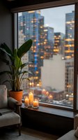 Cozy apartment window sill with burning candles and tropical plant overlooking illuminated city skyline at dusk creating warm atmospheric home interior.
