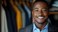 Young African American businessman with bright confident smile wearing blue shirt and blazer against blurred clothing store background. Professional portrait.