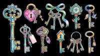 Vintage ornamental keys collection with decorative handles isolated on transparent background, ready for t-shirt design, clipart, stickers, sublimation and print-on-demand projects.