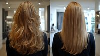 Before and after comparison of long layered blonde hair styling shows dramatic transformation from voluminous waves to sleek straight look in modern salon setting.