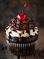 Decadent chocolate cupcake topped with vanilla frosting, rich chocolate drizzle and bright red cherry for bakery menus and dessert photography.