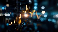 Financial market candlestick graph with glowing golden bars showing stock price movement on dark background with bokeh lights and data analytics.
