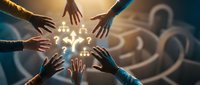 Diverse hands reaching toward glowing lightbulb symbolizing teamwork, collaboration, innovation and creative problem-solving in business environment.