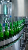 Green beer bottles with condensation on conveyor belt in beverage production facility manufacturing plant.