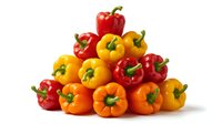 Fresh red, yellow, and orange bell peppers stacked in pyramid formation on white background, isolated produce for culinary, recipe, and healthy eating design projects.