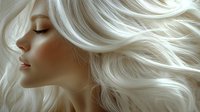 Profile view of young Caucasian woman with flowing platinum blonde hair, closed eyes, and smooth skin against neutral background.