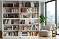 Modern home library with white built-in bookshelf filled with books, cozy reading chair and large window in contemporary living room interior design.