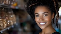 Young African American woman with natural curly hair smiling warmly in cozy cafe setting with soft lighting and blurred background for lifestyle content.