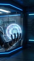 Robotic hand holding glowing digital sphere in futuristic laboratory environment with neon blue lighting and holographic displays for technology and innovation concepts.