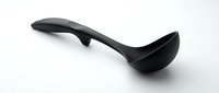 Black ladle with long handle on white background, kitchen utensil for serving soups and sauces.