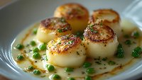 Pan-seared sea scallops with golden-brown crust, served in butter sauce garnished with fresh herbs and green peas on white plate, macro food photography.