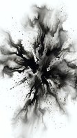 Abstract black ink explosion with dynamic splashes and splatters on white background for creative design projects and artistic compositions.