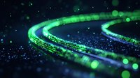 Glowing green spiral light trail with bokeh effects against dark background creates futuristic technology concept for digital transformation and connectivity.