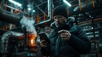 Middle-aged bearded Caucasian worker in winter jacket and beanie checking smartphone at industrial facility with steam pipes and orange safety railings in dark moody atmosphere.