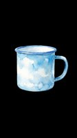 Blue enamel mug with cloud pattern, isolated on transparent background, ready for t-shirt designs, stickers, print-on-demand products, sublimation, and clipart applications.