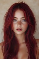 Young woman with vibrant red hair, blue eyes and natural freckles in soft portrait lighting against neutral background, displaying natural beauty and modern style.