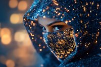 Mysterious woman in sparkling face mask and hijab against blurred bokeh lights background, dramatic portrait in blue and gold tones creates futuristic atmosphere.