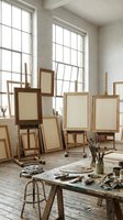 Bright artist studio with wooden easels, blank canvases, and painting supplies on work table near large windows, suitable for creative workspace and art education concepts.