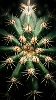 Close-up macro shot of green cactus with sharp golden spines creating geometric patterns. Desert plant texture for botanical and nature photography projects.
