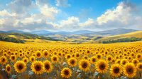Vast sunflower field stretching across rolling hills with mountains in distance under bright blue sky with fluffy white clouds. Perfect for nature backgrounds.