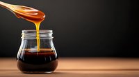 Golden honey dripping from wooden spoon into glass jar on wooden surface against dark background for natural sweetness and organic food concepts.