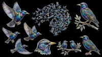 Iridescent starling birds clipart set, isolated on transparent background. Includes flying, perching, and flock poses. Ready for stickers, t-shirt design, and print on demand.