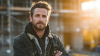 Confident bearded Caucasian man in military jacket standing outdoors with arms crossed during golden hour sunset, professional portrait for business content.