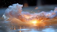 Dramatic ocean wave at sunset with golden light shining through crystal clear water, creating dynamic splash and spray effect against dark moody sky.