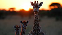 Giraffe family with mother and two young calves standing together in African savanna during golden hour sunset with acacia trees silhouetted in background.